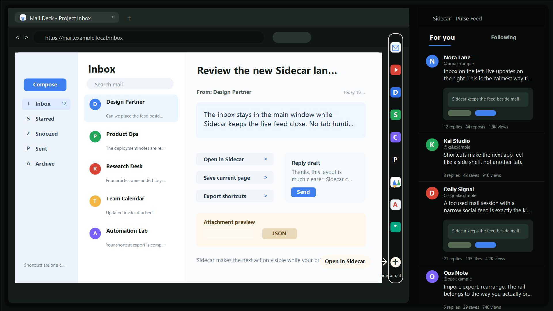 メーラー風のメインウィンドウ、Sidecarのショートカットレール、ニュースフィード風のSidecarウィンドウを並べた利用イメージ
